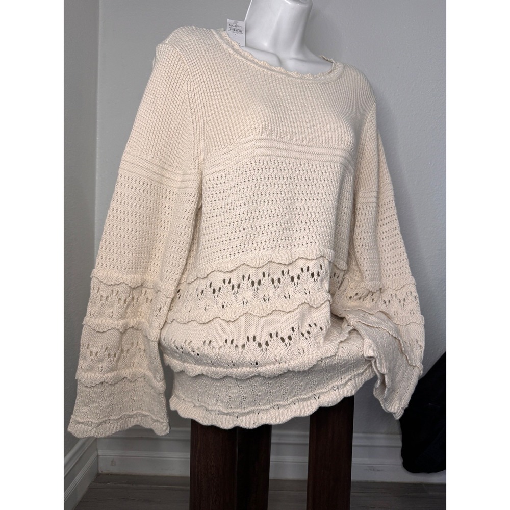 LOFT Cream Cotton Tiered Ruffle Pointelle Sweater Lace Boho L Cottagecore Earthy